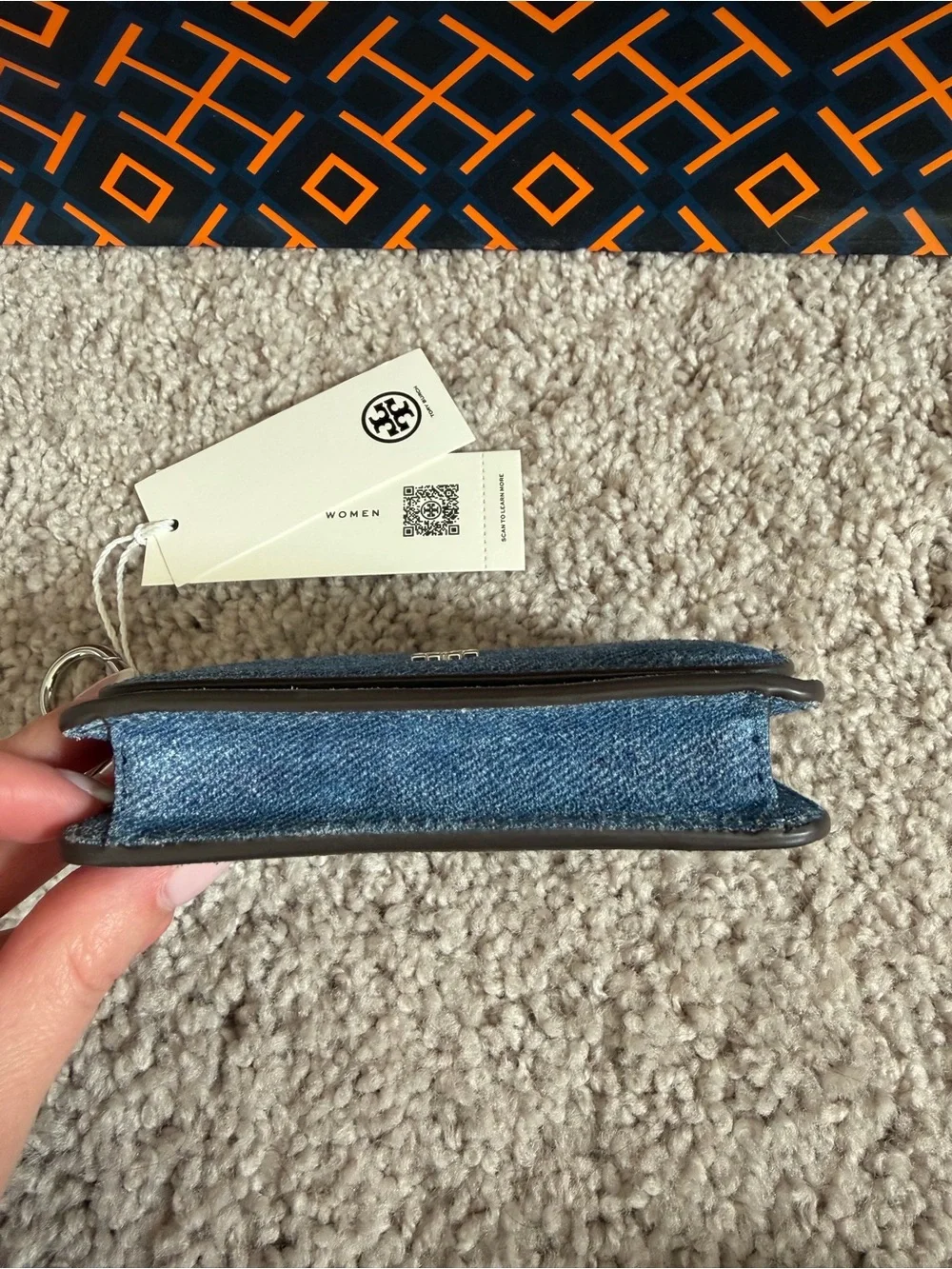 Tory Burch Emerson Denim Suede Flap Card Case Dark Denim